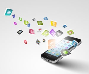 Media technology illustration with mobile phone and icons